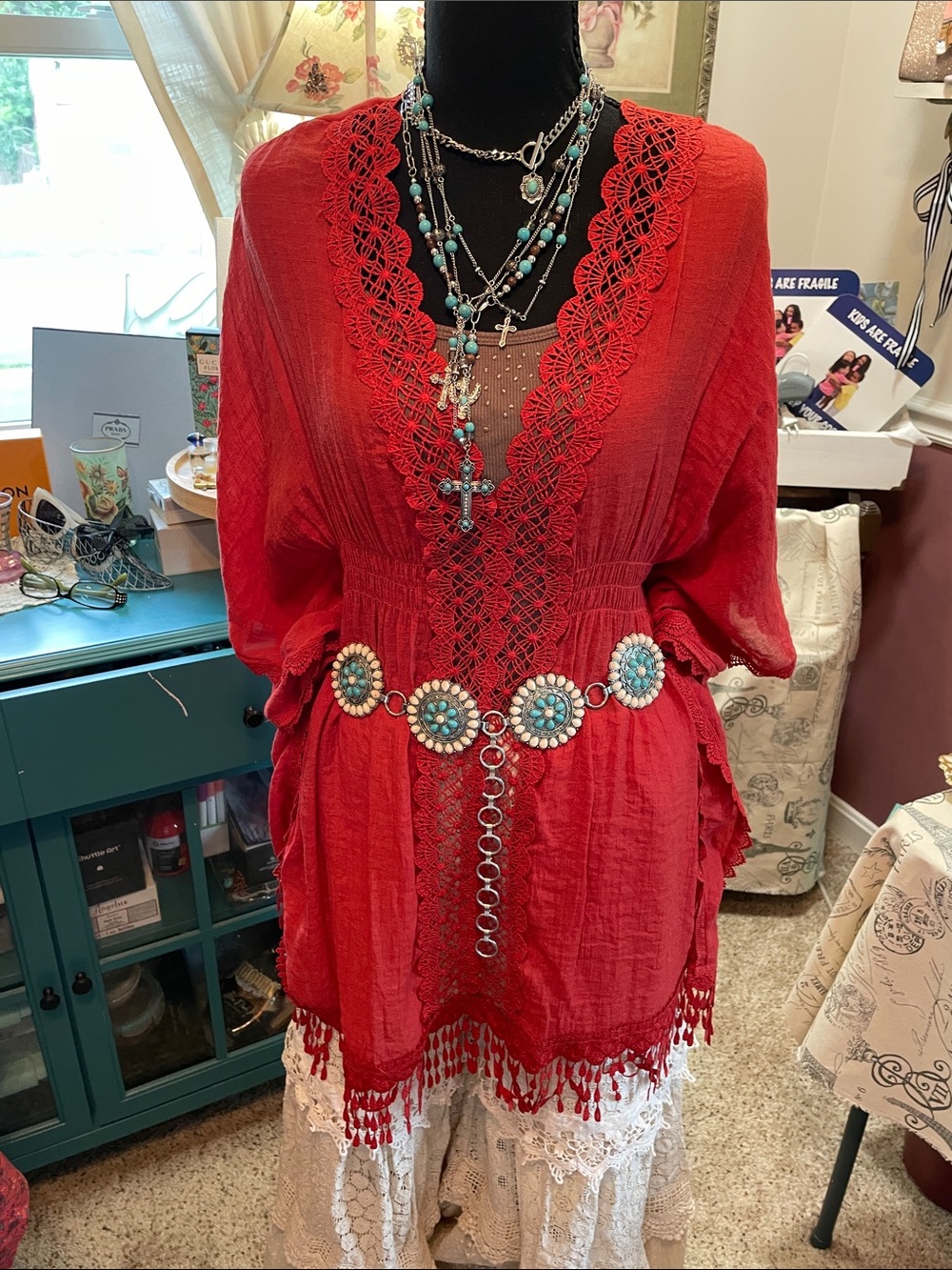 Boho Lace-Trim Rust Women's Top with Tassel Hem - Picture 5 of 17